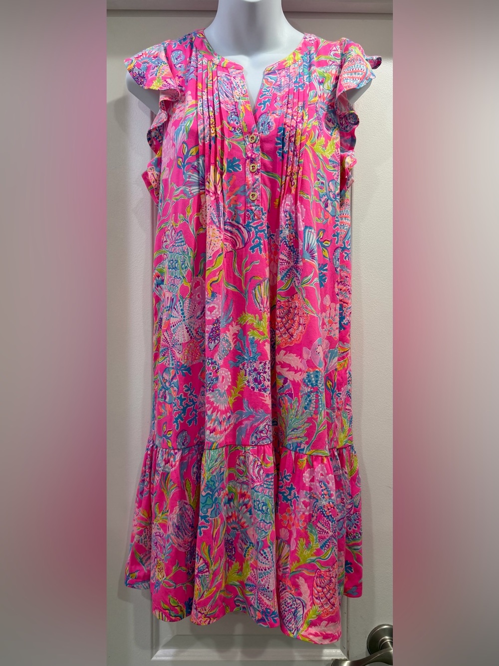 Lilly Pulitzer Golda Flutter Sleeve Pink Isle Shell Me Something Good Dress
